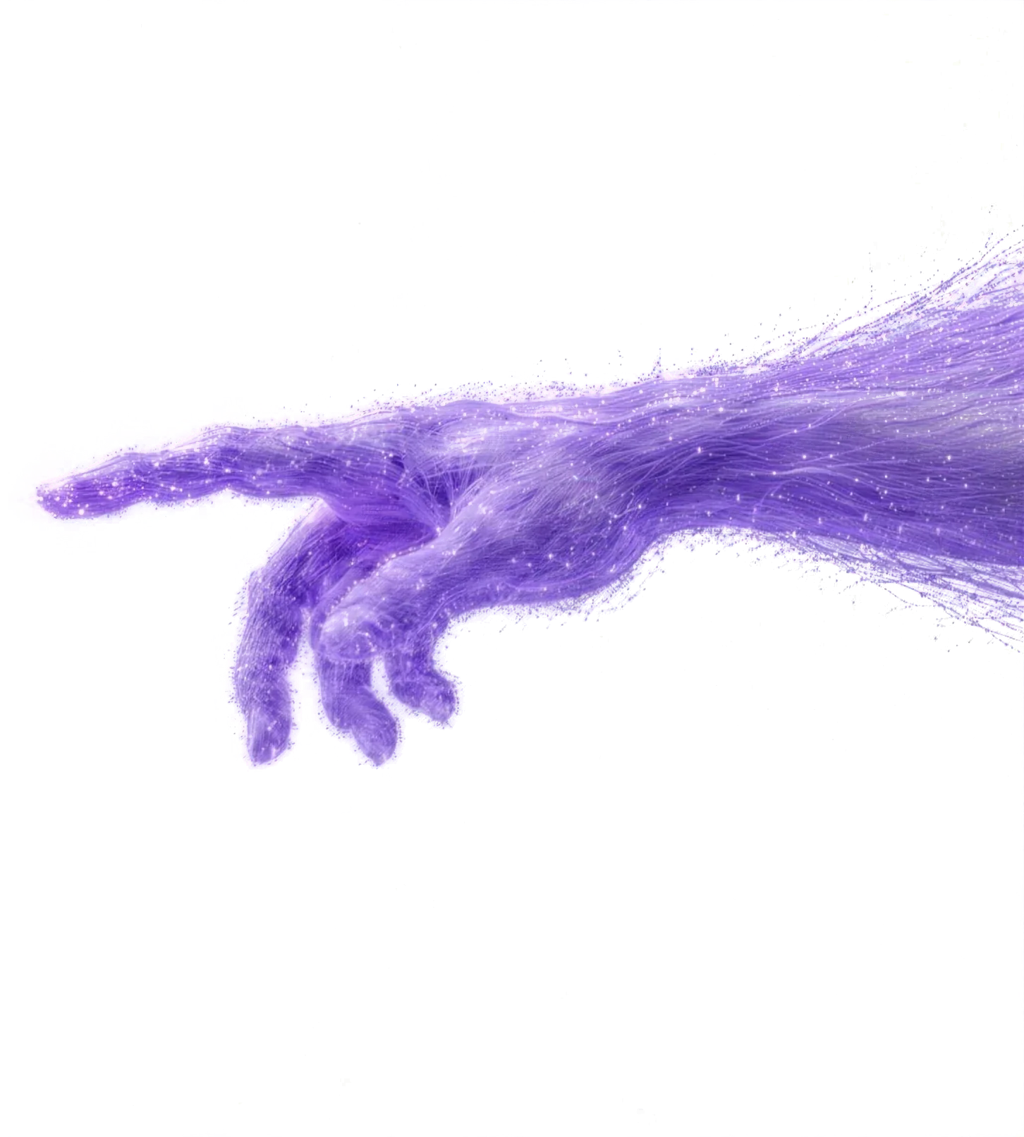 Eine Hand aus violetten Lichtfäden streckt ihr den Zeigefinger entgegen, zwischen den Fingerspitzen bleibt ein kleiner Spalt.