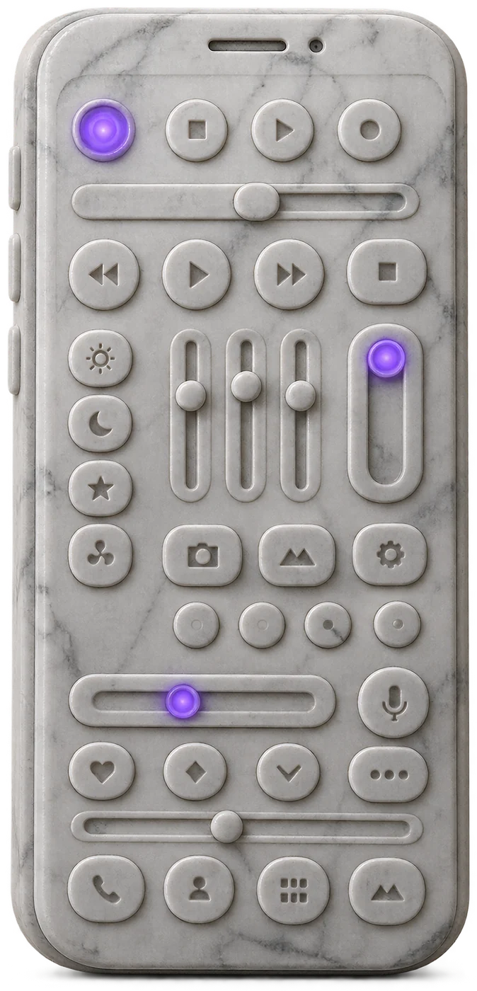 Ein Smartphone aus Marmor, dessen Bildschirm voller kleiner Knöpfe und Regler ist. Nur wenige leuchten violett.