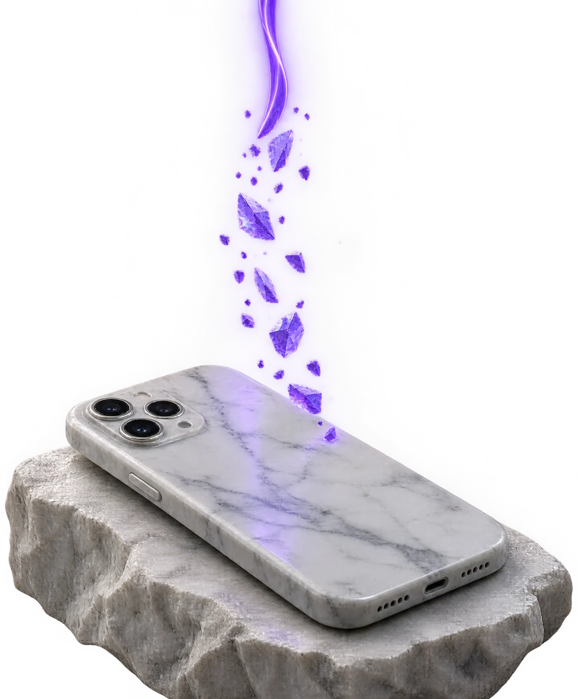 Ein Smartphone aus Marmor auf einem rohen Steinblock. Der violette Lichtfaden von oben zerfällt, bevor er es erreicht.