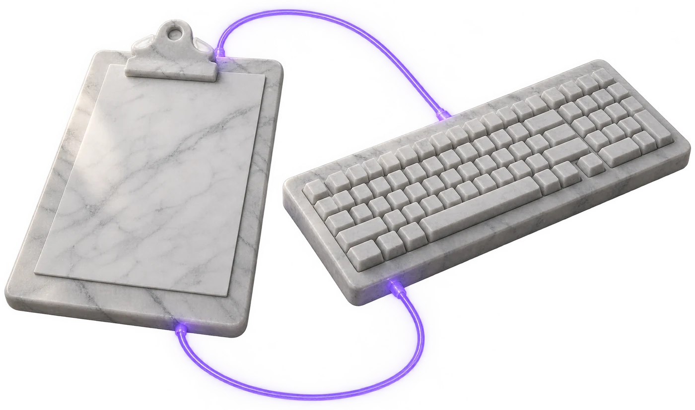Ein Klemmbrett und eine Tastatur aus Marmor. Ein violetter Lichtfaden läuft vom einen zum anderen und wieder zurück.
