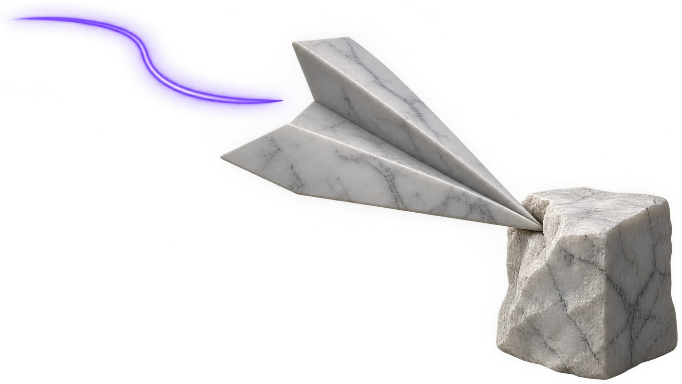 Ein Papierflieger aus Marmor steckt mit der Spitze in einem rohen Marmorblock. Der violette Lichtfaden hinter ihm reißt ab.