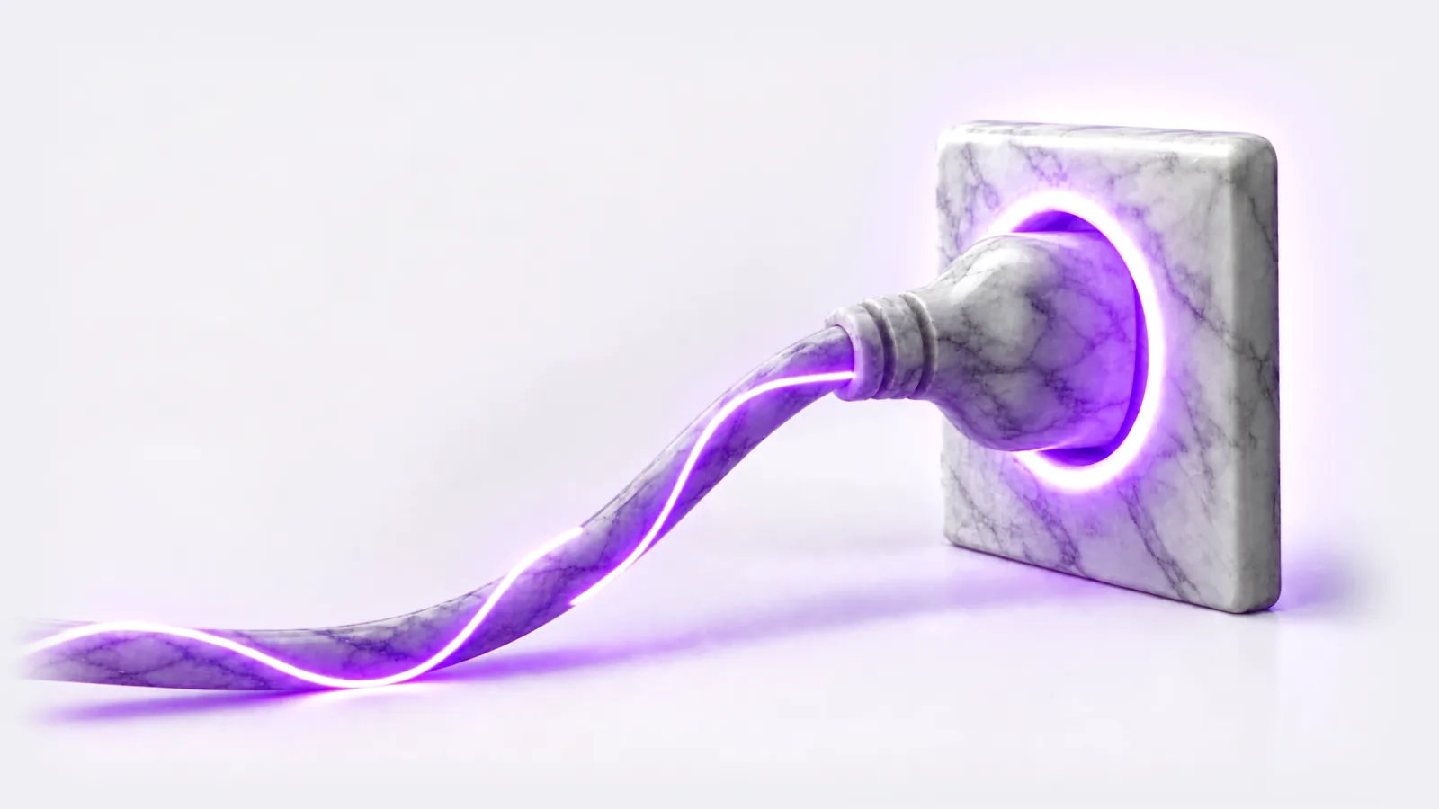 Ein Stecker aus weißem Marmor gleitet in eine Marmorbuchse und rastet ein. Im selben Moment leuchten violette Lichtfäden im Kabel auf.
