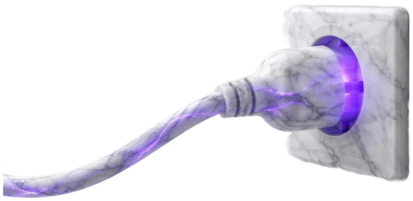 Ein Stecker aus weißem Marmor steckt in einer Marmor-Steckdose. An der Kontaktstelle fließt violettes Licht durch die Adern des Steins.