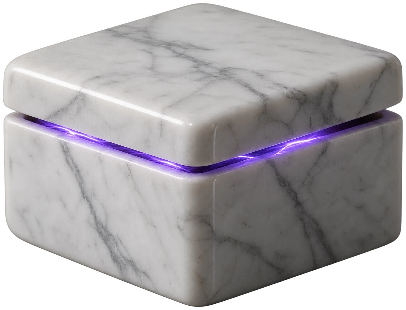 Eine geschlossene Kiste aus Marmor. Durch den schmalen Spalt unter dem Deckel dringt violettes Licht.