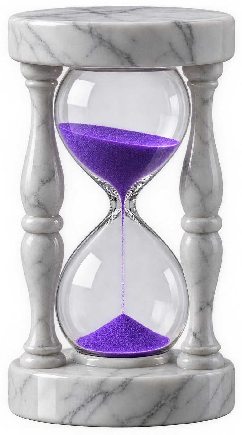Eine Sanduhr aus Marmor, durch die violetter Lichtsand langsam rinnt.