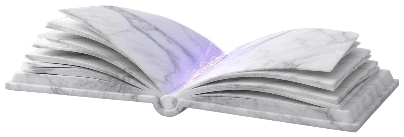 Ein aufgeschlagenes Buch aus Marmor, aus dem violette Lichtfäden aufsteigen.